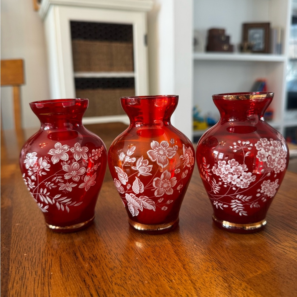 3 Vintage Bohemian 4”  Red Bud Vases Handpainted Boho